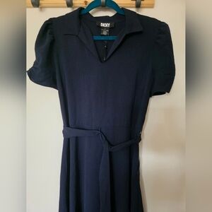 DKNY Elegant Navy Midi‎ Dress with Tie
